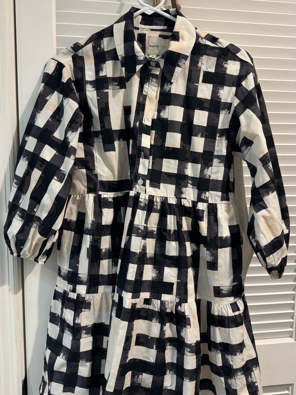 Anthropologie Black and White Brushstroke Check Tiered Dress